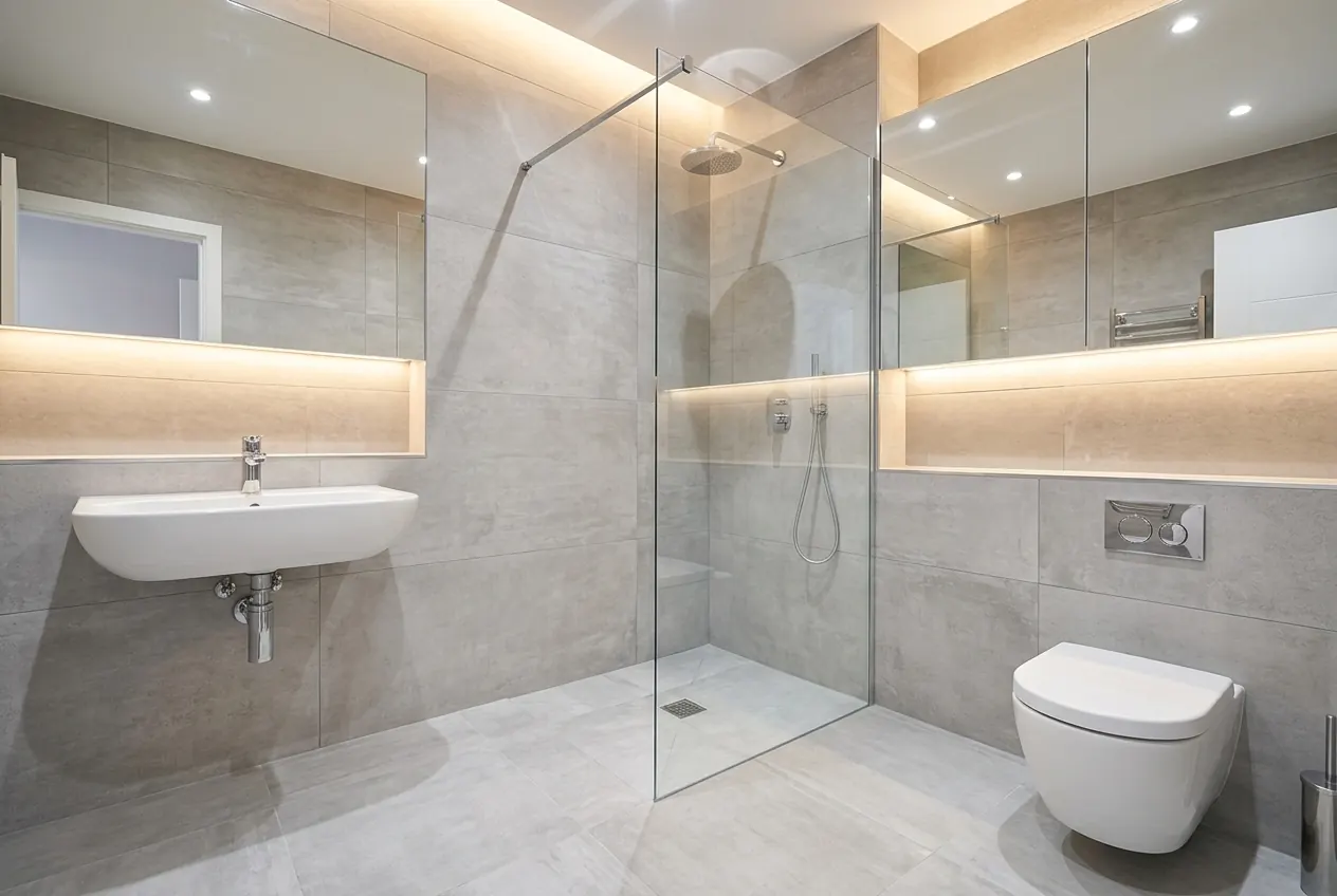 Mecidiyeköy’de gizli rezervuarlı asma klozet ve zemine sıfır duş ile banyo yenileme