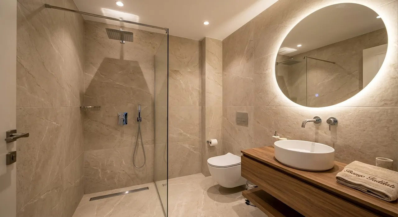 Şişli’de cam duşakabinli ve aydınlatmalı aynalı modern banyo tadilatı