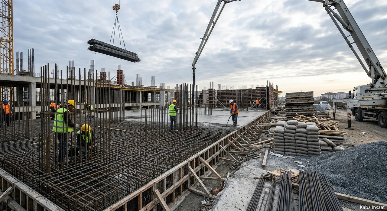 Şişli’de betonarme döşeme demiri ve beton pompası ile kaba inşaat çalışması